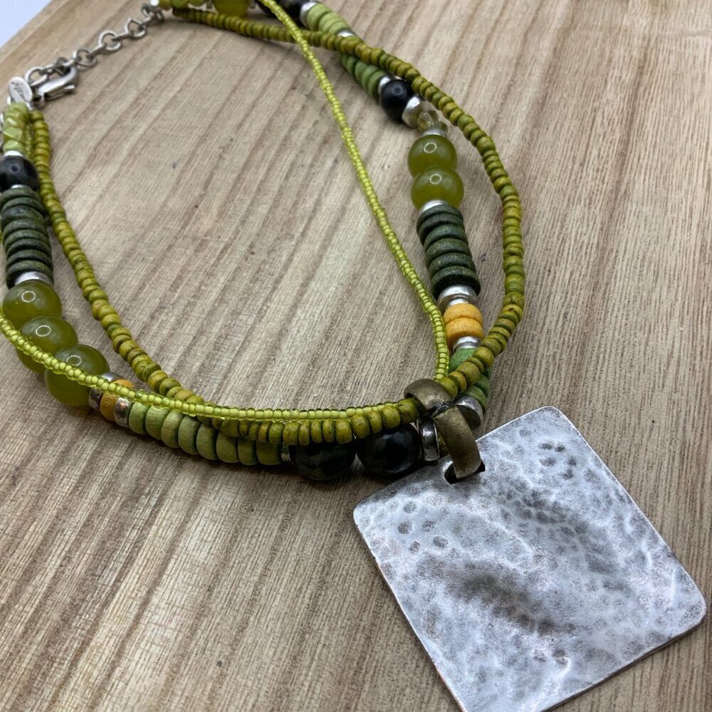 Chico's Green Tone Wooden BOHO Glass Beads Silver Tone Pendant Necklace